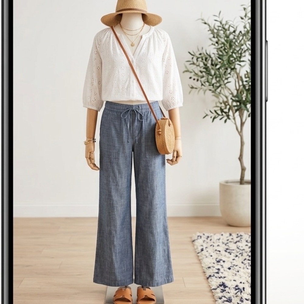 Banana Republic Wide Leg Drawstring Chambray Pants - Blue